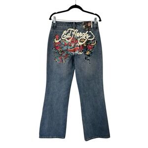 Ed‎ Hardy Womens Size 28 Baggy Bootcut Tattoo Graphic Y2K Denim Jeans Low Rise